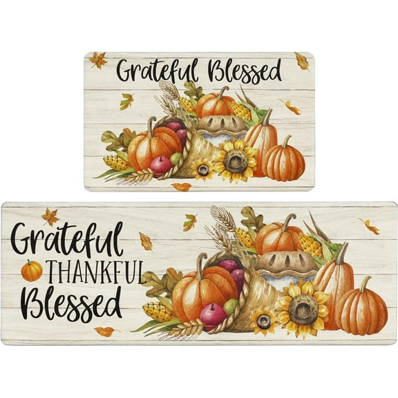 HEBE Pumpkin Kitchen Rugs Set of 2 Non Slip Fall Farmhouse Kitchen Floor Mat Cushioned Anti Fatigue Kitchen Mats for Floor Waterproof Kitchen Rug Runner Set Fall Autumn Thanksgiving Decor
