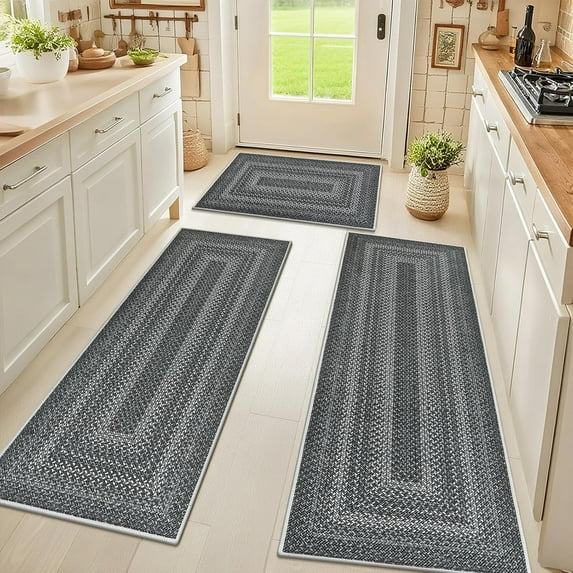 HEBE Washable Kitchen Rugs Sets of 3, Non Slip Absorbent Kitchen Rugs and Mats, Farmhouse Stain Resistant Faux Jute Kitchen Mat Carpet Runner for Kitchen Floor, Laundry Room, Hallway, Light Grey