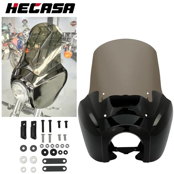 HECASA Fairing W/ 15" Windshield for 1987-2017 Harley Davidson Dyna Super Glide Low Rider FXDL T-Sport FXDXT FXR Front Fairing Cover Windscreen Black & Smoked