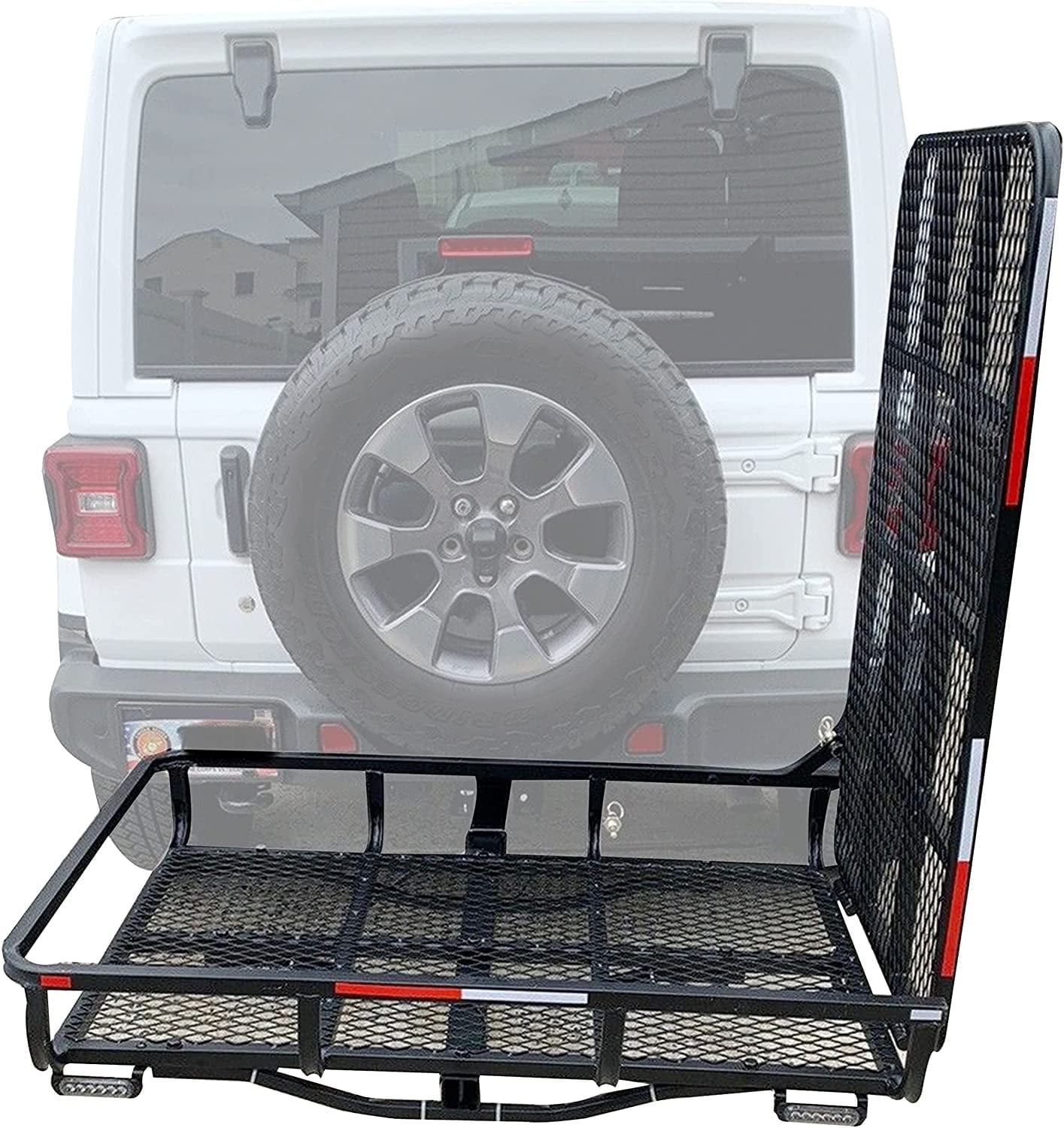 HECASA Hitch-Mounted Cargo Carrier with Mobility Ramp for Disability Medical Rack Wheelchair Scooter Lawn Mower Snow Blower Hauler 500lb Capacity Basket-Style