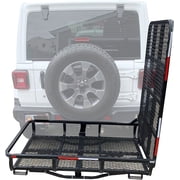 HECASA Hitch-Mounted Cargo Carrier with Mobility Ramp for Disability Medical Rack Wheelchair Scooter Lawn Mower Snow Blower Hauler 500lb Capacity Basket-Style