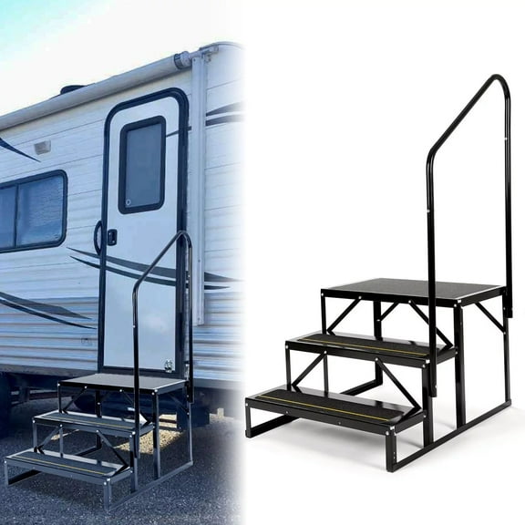 HECASA Universal 3 Steps Stairs Steel for RV Travel Trailer Camper Trailer W/ Side Load Hand-railing Armrest Hand Rail