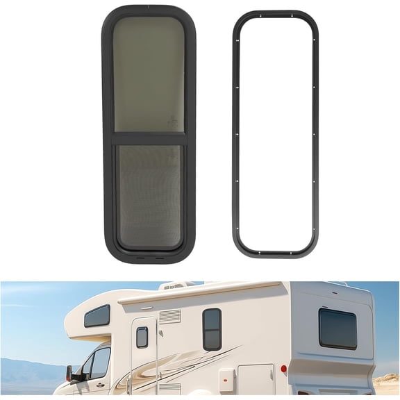 HECASA Vertical RV Window 12 W x 36 H RV Sliding Window Replacement with Net Screen and Trim Ring Suitable for 15/16 to 1-3/5 Thick Walls, Camper Wind