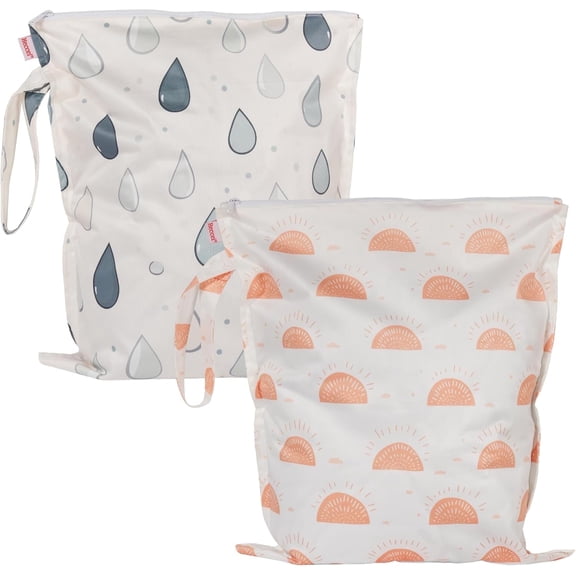 HECCEI Wet Dry Bag, 2-Pack Reusable Waterproof Wet Bags Leakproof Cloth Diaper Wet Bags for Travel & Diaper Changes, Sunny Drizzle