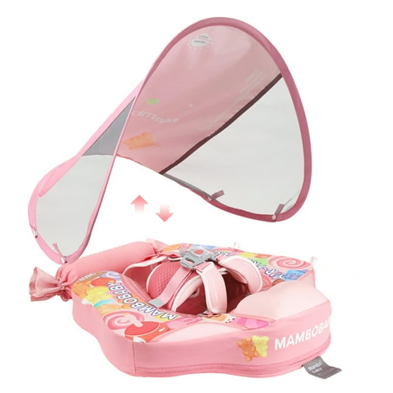 HECCEI Mambobaby Durable Safety Buckle and Canopy Kids Pool Ring Float, Pearl Foam, Pink