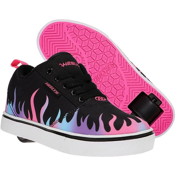 HEELYS Youth Kids Pro 20 Prints Wheels Skate Sneaker Shoes Black/Neon Pink/Hologram Flame, Numeric_13