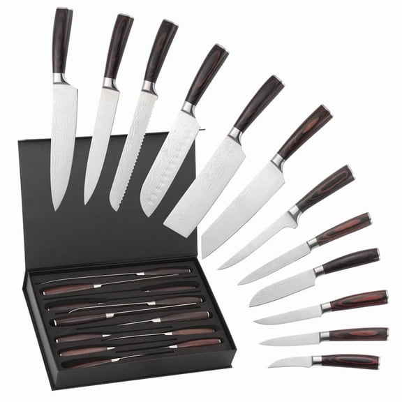 HEESEM 12PCS Japanese Chef Knife Set with Ultra Sharp Blade & Wooden Handle Stainless Steel Chef Knife Set Professional Kitchen Gift