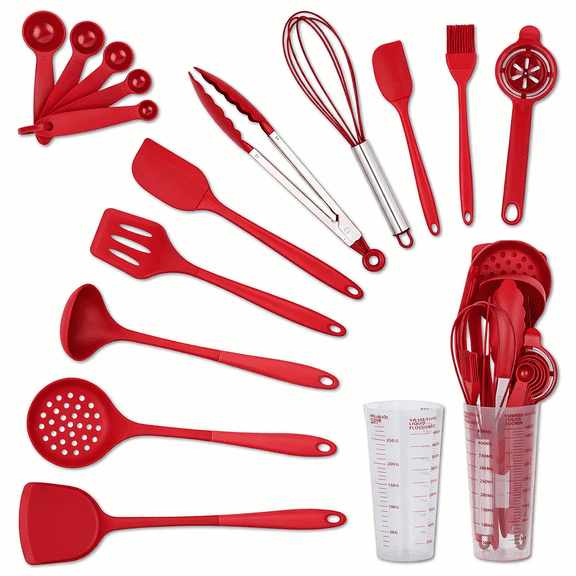 HEESEM 16 pcs Silicone Cooking Utensils Set-Kitchen Utensils for Cooking with Full Silicone Handles Includes Measuring Cup 446°F Heat Resistant Kitchen Utensil BPA Free Red