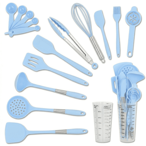 HEESEM 16 pcs Silicone Cooking Utensils Set-Kitchen Utensils for Cooking with Full Silicone Handles Includes Measuring Cup 446°F Heat Resistant Kitchen Utensil BPA Free Blue