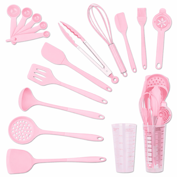 HEESEM 16 pcs Silicone Cooking Utensils Set-Kitchen Utensils for Cooking with Full Silicone Handles Includes Measuring Cup 446°F Heat Resistant Kitchen Utensil BPA Free Pink