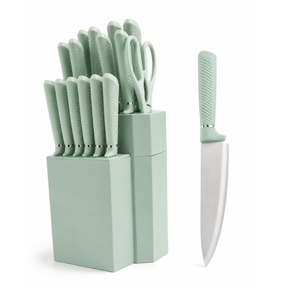 HEESEM 18-Piece Stainless Steel Knife Set with Plastic Block, Ergonomic Handles & Kitchen Shears, Sage Green