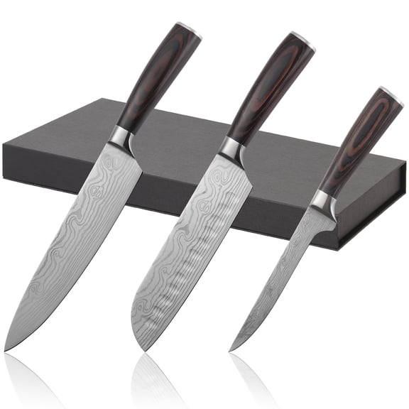 HEESEM 3-Piece Japanese Chef Knife Set with Damascus Pattern Stainless Steel Blades, Ergonomic Pakkawood Handles & Gift Box