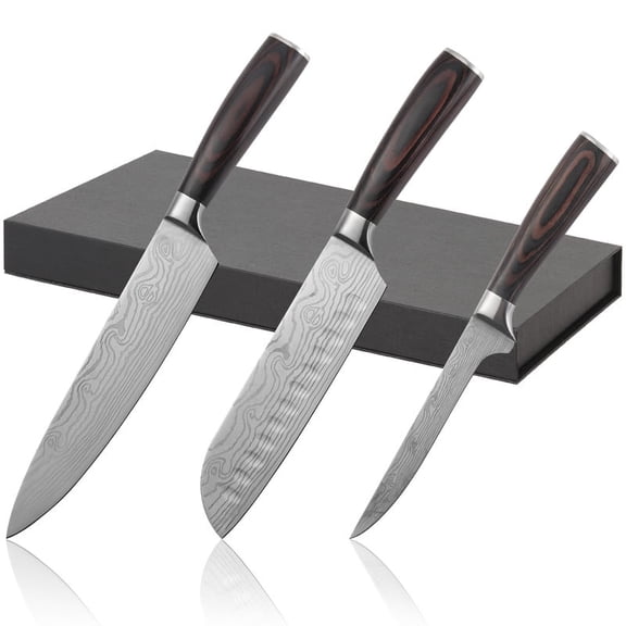 HEESEM 3PCS Japanese Chef Knife Set with Ultra Sharp Blade & Wooden Handle Stainless Steel Chef Knife Set Professional Kitchen Gift
