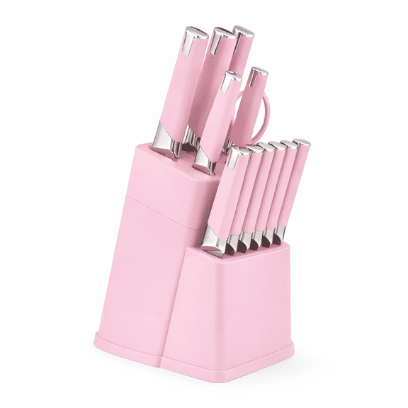 HEESEM Knife Set with Built-in Sharpener,13 Pieces Kitchen Knives Set Stainless Steel Knife Sets Ergonomic Handle Pink