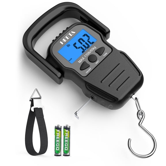 HEETA Fish Scale with Backlit LCD Display, Up to 110lb/50kg Digital Portable Hanging Fish Weight Scale with Hook & Measuring Tape for Home, Farm, Outdoor, Hunting, Fishing, 2 AAA Batteries Included