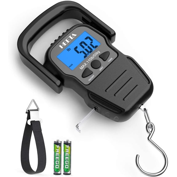 HEETA Fish Scale with Backlit LCD Display, Up to 110lb/50kg Digital Portable Hanging Fish Weight Scale with Hook & Measuring Tape for Home, Farm, Outdoor, Hunting, Fishing, 2 AAA Batteries Included