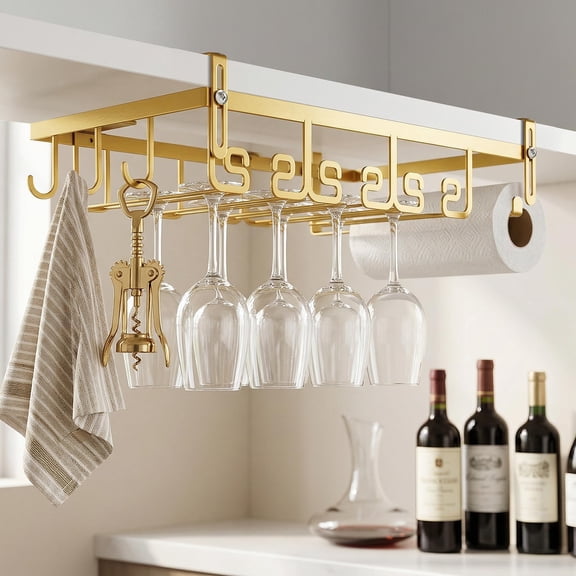 HEETHYCOOL Metal Adjustable Punch-Free 3 Rows Hanging Under Cabinet Storage Organizer Stemware Holders