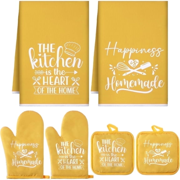 HEETLY Farmhouse Heavy Duty 500°F Heat Resistant 6-Piece Kitchen Set, Cotton Oven Mitts and Pot Holders Sets with Kitchen Towels