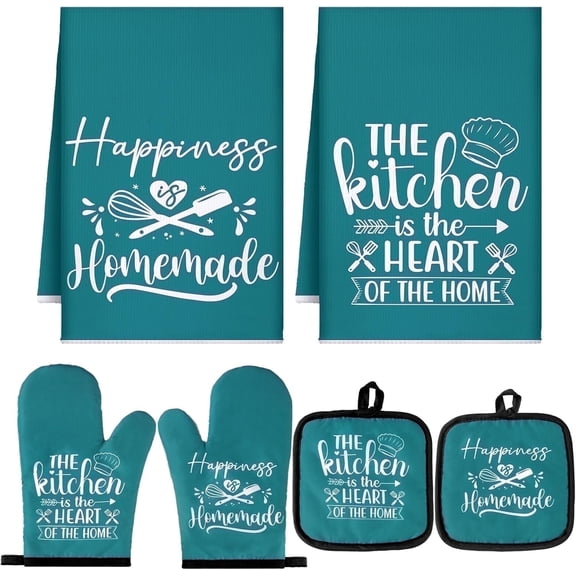 HEETLY Farmhouse 6-Piece Bundle Kitchen Set, Heavy Duty 500°F Heat Resistant Oven Mitts and Pot Holders Sets with Kitchen Towels