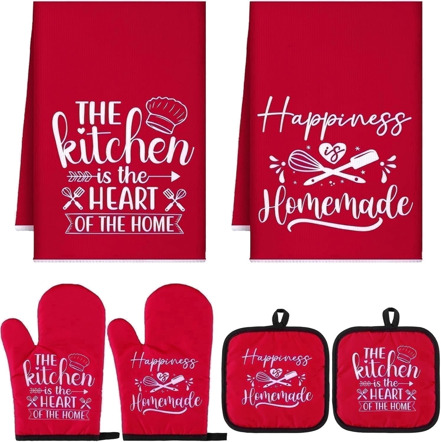 HEETLY 6 Pcs Kitchen Decor Accessories Set Farmhouse Towels Pot Holders Oven Mitts Set 2 Dish Towels 2 Potholders 2 Cooking Mittens Oven Glove Baking