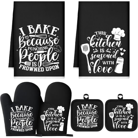 HEETLY Farmhouse 6-Piece Complete Kitchen Starter Set, Heavy Duty 500°F Oven Mitts and Pot Holders Sets with Kitchen Towels