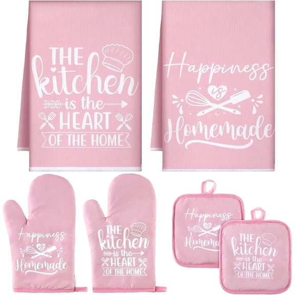 HEETLY Farmhouse Stylish 6-Piece Kitchen Accessory Set, Heavy Duty 500°F Cotton Oven Mitts and Pot Holders Sets with Kitchen Towels