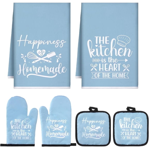 HEETLY Farmhouse All-in-One 6-Piece Kitchen Essentials, Heavy Duty 500°F Cotton Oven Mitts and Pot Holders Sets with Kitchen Towels