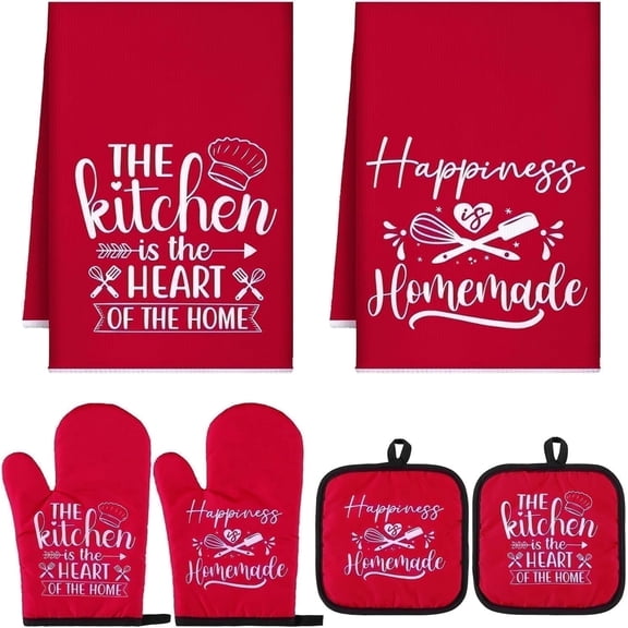 HEETLY Farmhouse 100% Cotton Heavy Duty 6-Piece Kitchen Set, 500°F Heat Resistant Oven Mitts and Pot Holders Sets with Kitchen Towels