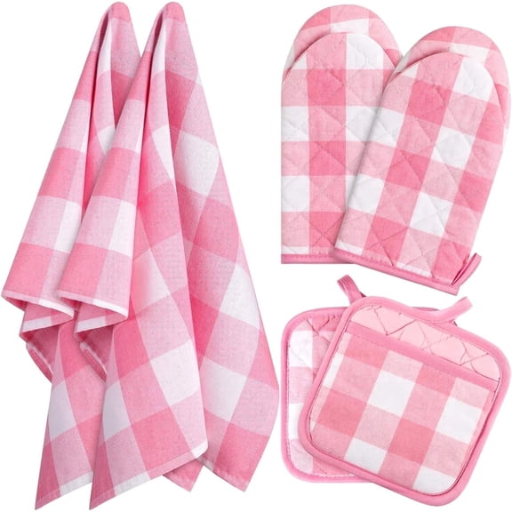 HEETLY Buffalo Plaid Pink & White 6-Piece Kitchen Decor Set, Heavy Duty 500°F Oven Mitts and Pot Holders Sets with Kitchen Towels