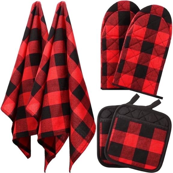 HEETLY Buffalo Plaid Red & Black 6-Piece Complete Cooking Set, Heavy Duty 500°F Oven Mitts and Pot Holders Sets with Kitchen Towels