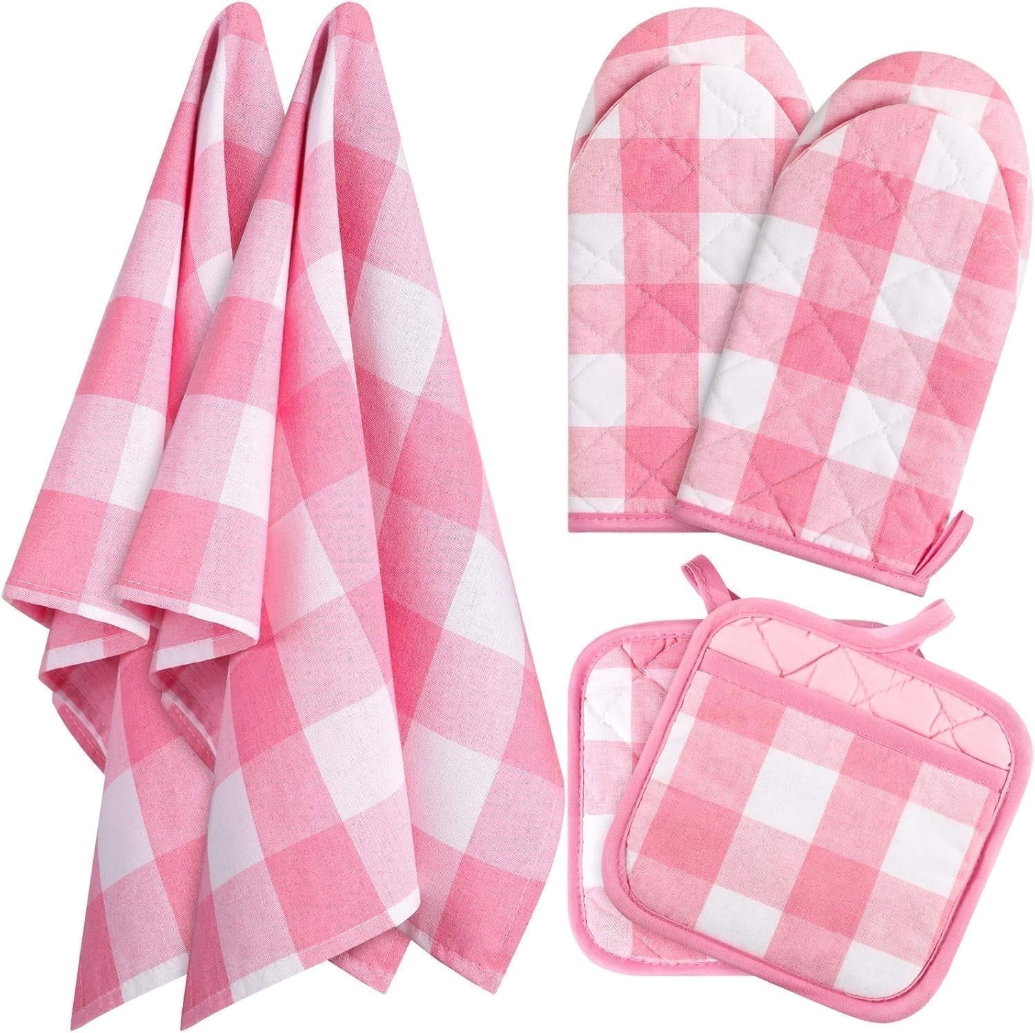 HEETLY Buffalo Plaid Kitchen Linen Set with Oven Mitts, Pot Holders & Dish Towels, 6-Piece, Pink & White