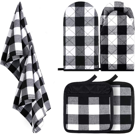 HEETLY Buffalo Plaid Classic White & Black 6-Piece Kitchen Textiles, Heavy Duty 500°F Oven Mitts and Pot Holders Sets with Kitchen Towels