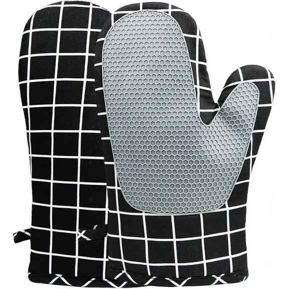 HEETLY Cotton Oven Mitts Set with Silicone Grip, 2-Piece 392°F Heat Resistant, Black Plaid