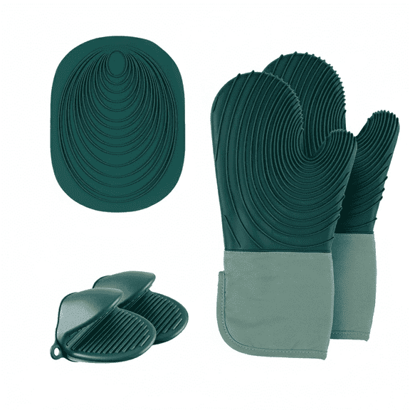 HEETLY Extra Long Waterproof Silicone Oven Mitts and Pot Holders Set, 5-Piece, 500°F Heat Resistant for Kitchen & BBQ, Green
