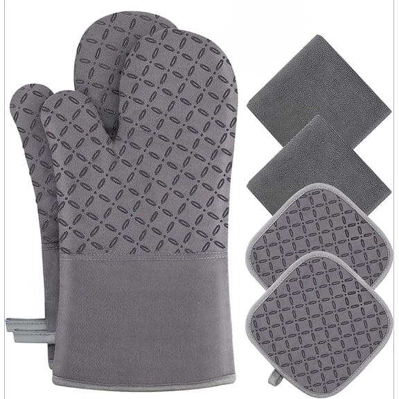 HEETLY 13-Inch Oven Mitts and Pot Holders Set with Towels, 6-Piece, 500°F Heat Resistant, Gray