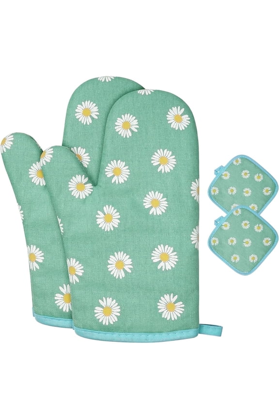 Daisy Print Pot Holders and Oven Mitts Set, 4 Piece Cotton Oven Mitts and Potholders, Heat Resistant 392°F, Kitchen Mittens for Cooking Baking Grilling