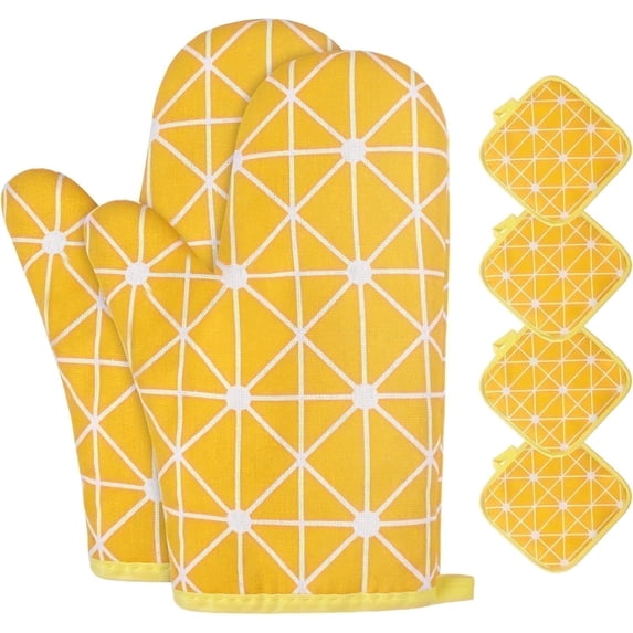 HEETLY Pot Holders and Oven Mitts Set, 6 Piece Cotton Kitchen Set (2 Oven Mitts + 4 Pot Holders), Heat Resistant 392°F for Cooking Baking Grilling