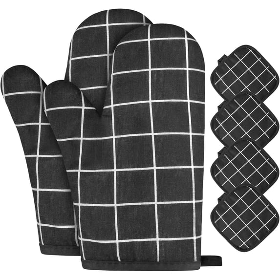 HEETLY Pot Holders and Oven Mitts Set, 6 Piece Cotton Kitchen Set (2 Oven Mitts + 4 Pot Holders), Heat Resistant 392°F for Cooking Baking Grilling