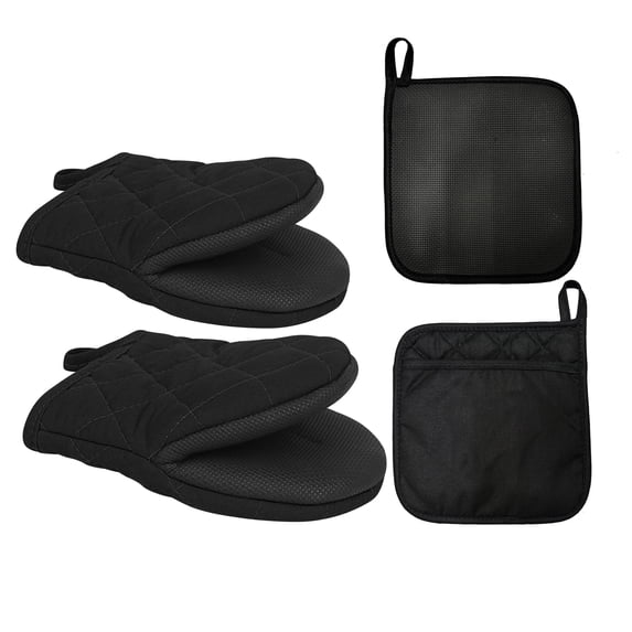 HEETLY Short Oven Mitts and Pot Holders Set,4-Piece,500°F Heat Resistant with Neoprene Grip,Black