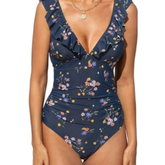 HEEY 2025 Women's One Piece Swimsuit V-Neckline Removable Cups Wide Straps Ruffles Lace-Up Back Cutout Ruching Bathing Suit, Sizes XS-XXL