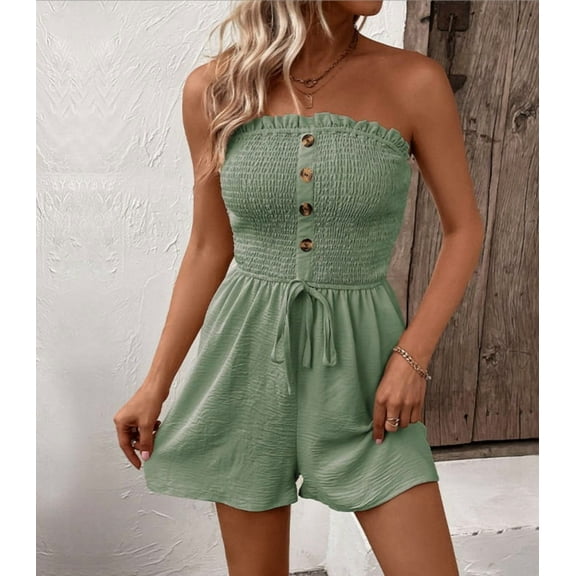 HE. 2025 new summer date night sexy solid color strapless jumpsuit shorts, available in multiple colors