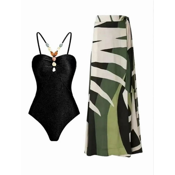 HEEY Women's Tropical Print One Piece Swimsuit with Cover up Beach Skirt Sarong Two Piece Floral Printed V Neck Tummy Control High Cut Monokini Swimsuit Bathing Suit Women's Swimwear & Clothing