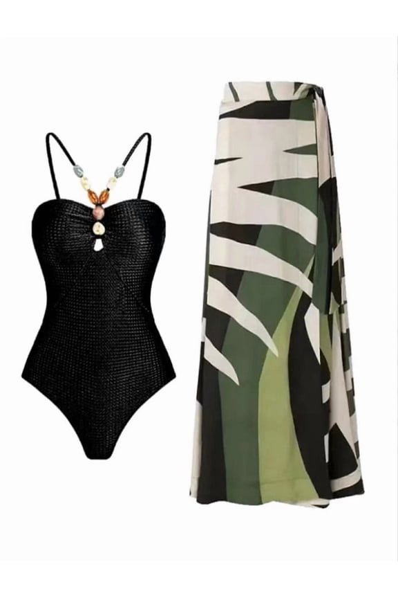 Women's Tropical Print One Piece Swimsuit with Cover up Beach Skirt Sarong Two Piece Floral Printed V Neck Tummy Control High Cut Monokini Swimsuit Bathing Suit Women's Swimwear & Clothing