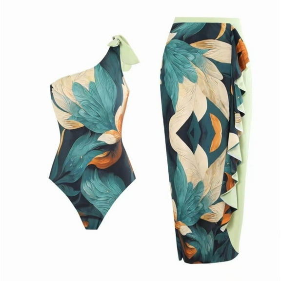 HEEY Women's Tropical Print One Piece Swimsuit with Cover up Beach Skirt Sarong Two Piece Floral Printed V Neck Tummy Control High Cut Monokini Swimsuit Bathing Suit Women's Swimwear & Clothing