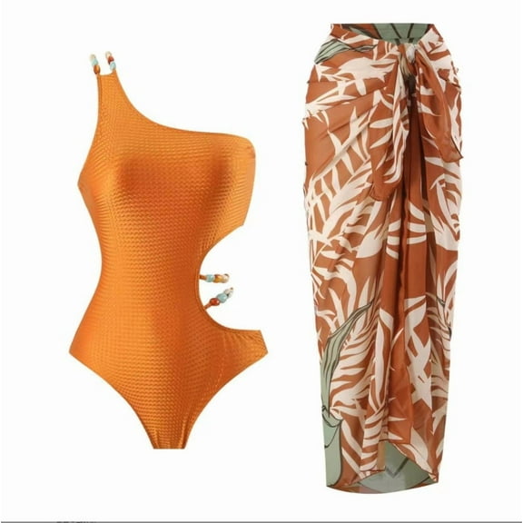 HEEY Women's Tropical Print One Piece Swimsuit with Cover up Beach Skirt Sarong Two Piece Floral Printed V Neck Tummy Control High Cut Monokini Swimsuit Bathing Suit Women's Swimwear & Clothing