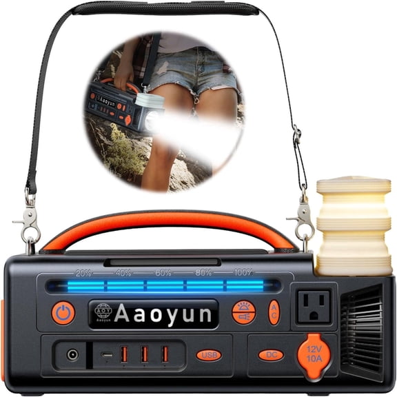 HEEYCEM 300W Portable Power Station 296Wh, 100W HEEYCE USB-C Solar Generator with LED Light & Carry Strap, Outdoor Camping Battery for CPAP, Home Backup & Emergency