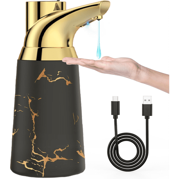 HEEYCEM Adjustable Automatic Soap Dispenser Touchless, Ceramic Material,4 Adjustable Levels, Type-c Rechargeable Operated Sensor Liquid Soap Pump,Touch-Free Hand Sanitizer Dispenser (Black Silver)