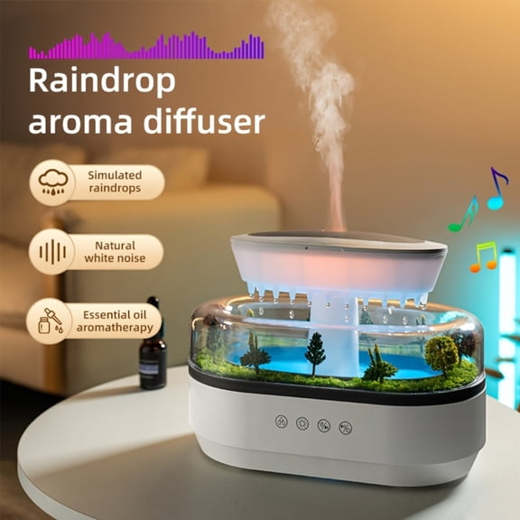 HEEYCEM Essential Oil Diffuser 250ML Cloud Humidifier Rain Water Drip Diffuser Humidifier with Drip Music Micro Landscape Ultrasonic Diffuser for Bedroom Office Hotel (White Grey)