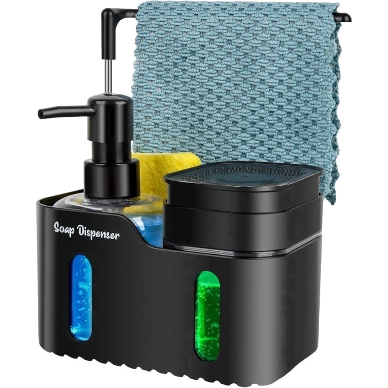 Hand Soap and Dish Soap Dispenser Set for Kitchen, Dual Soap Dispenser with Sponge Holder and Dishcloth Holder 4-in-1 Organizer for Kitchen Sink Countertop, Useful Kitchen Gadgets (Black) deal from Walmart
