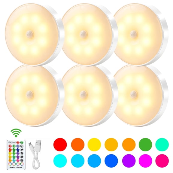 HEEYCEM Puck Lights with Remote, 13 RGB Colors LED Under Cabinet Light, Rechargeable Battery Operated Under Cabinet Lighting Tap Lights, Stick on Lights with Dimmer and Timer(6 Pack)